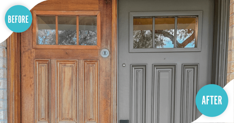 Side by side before and after of a door un-painted on the left and that same door painted dark brown on the right_That 1 Painter Arlington Alexandria