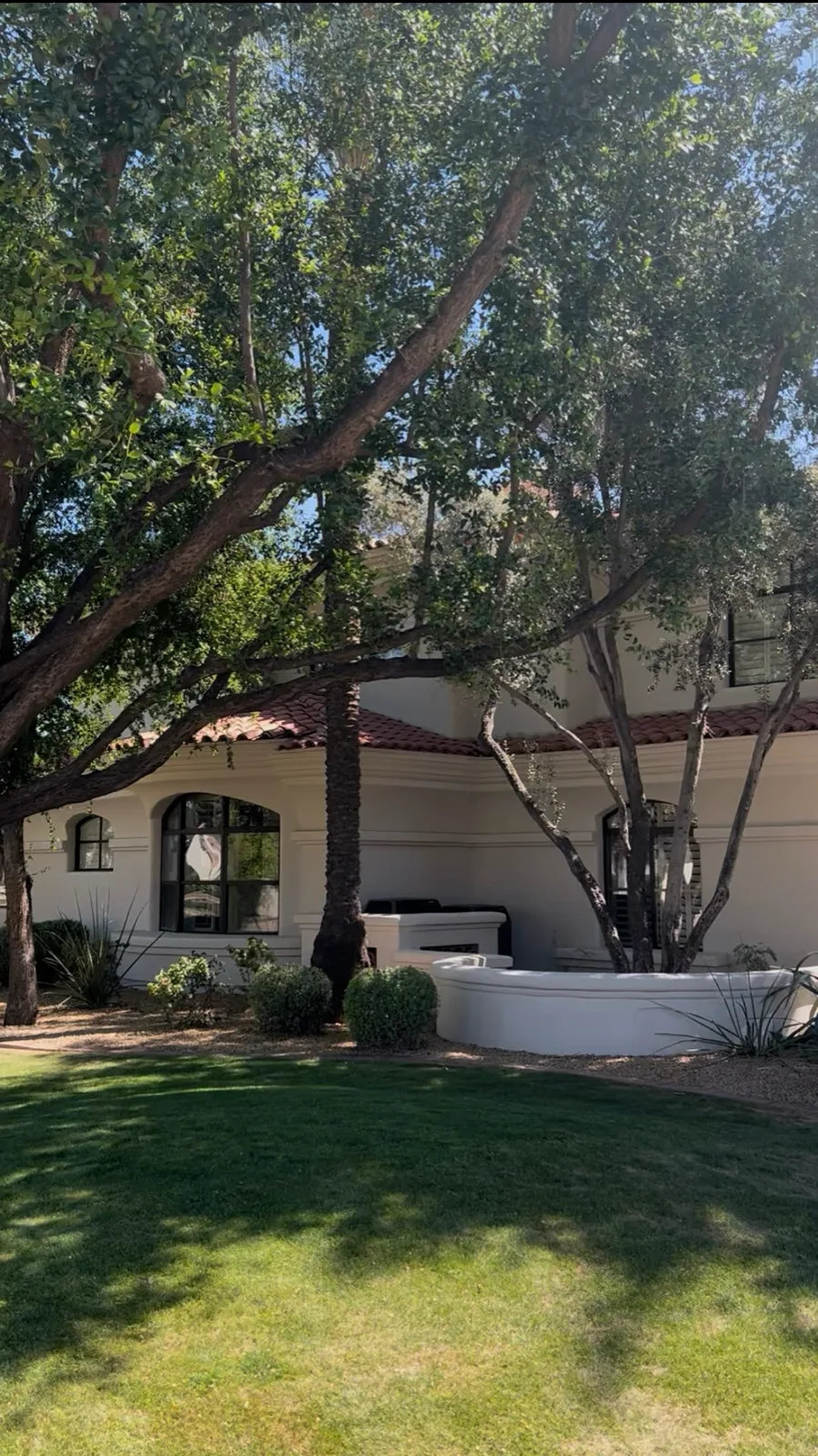 Limewashed side elevation in soft cream with terracotta tile roof and mature shade trees applied by That 1 Painter Chandler-Gilbert