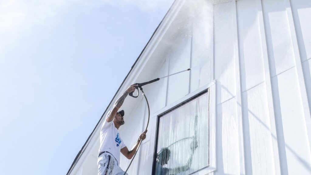 White wall refreshed by pressure washing by a professional painter in Golden Valley, MN