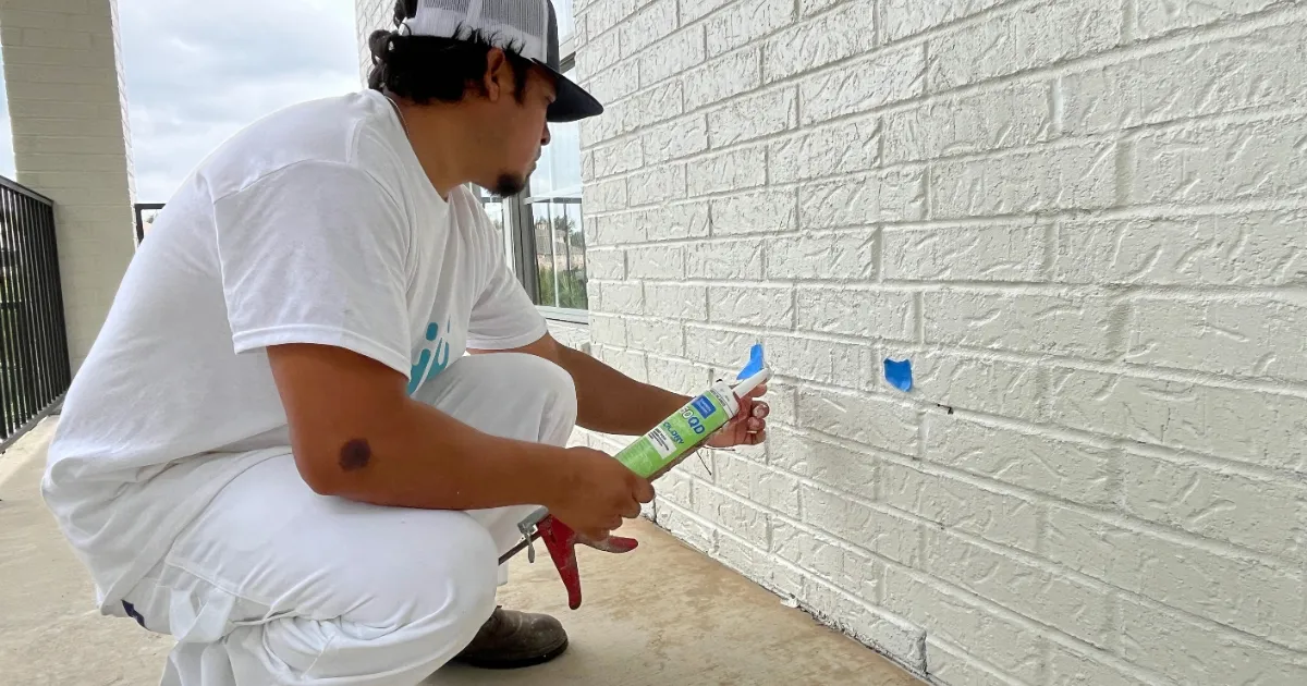 Painter applying caulk to painted exterior brick wall