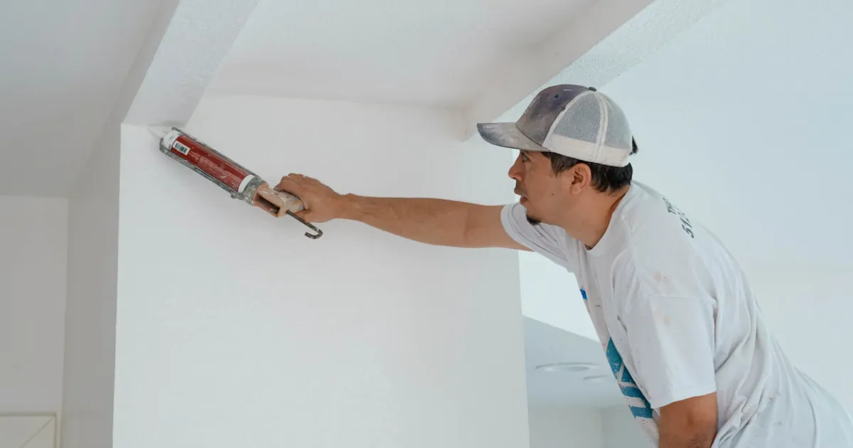 Painter applying caulk to an interior ceiling-to-wall joint