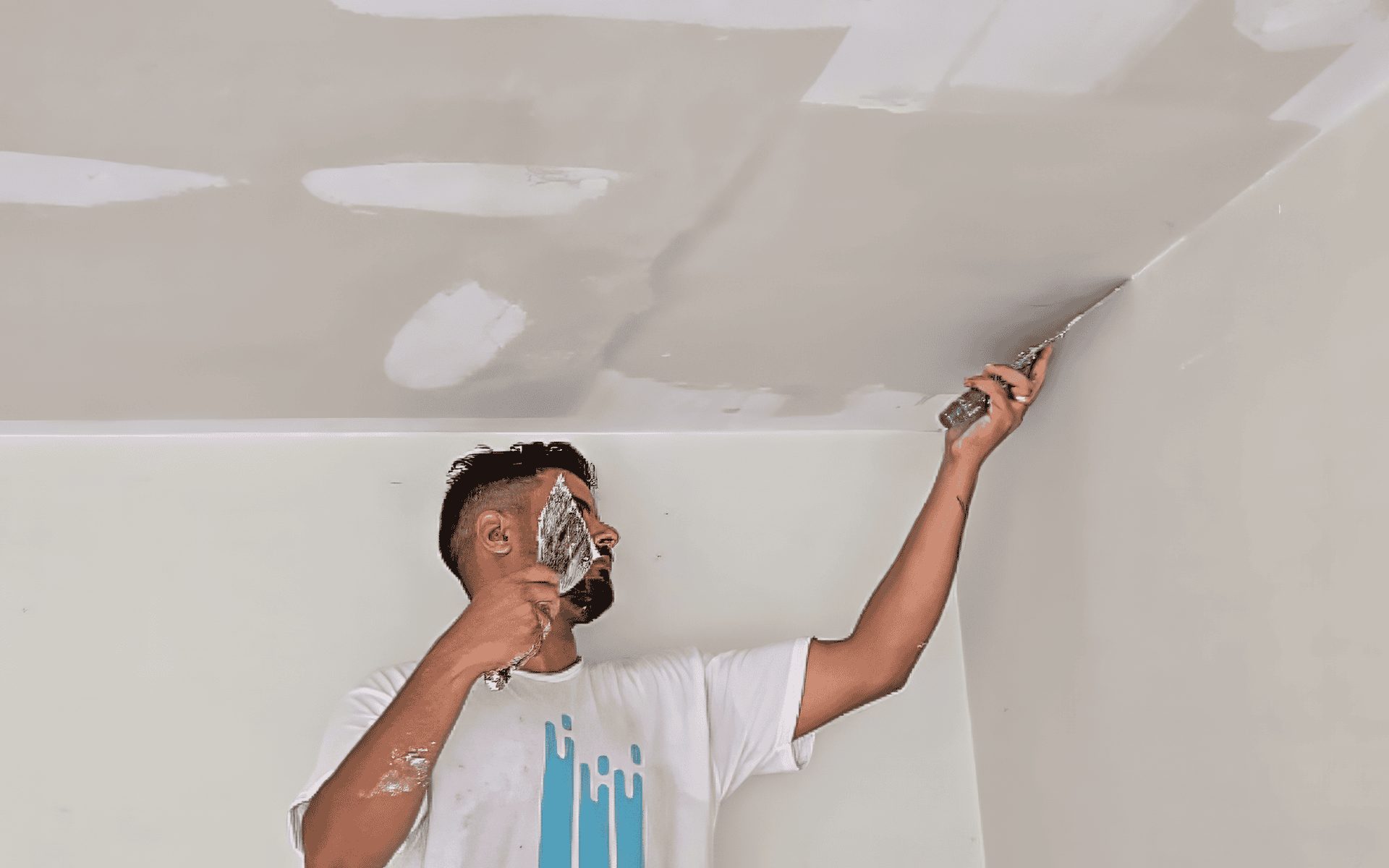 Smooth ceiling skim coat after popcorn removal in Bellaire home