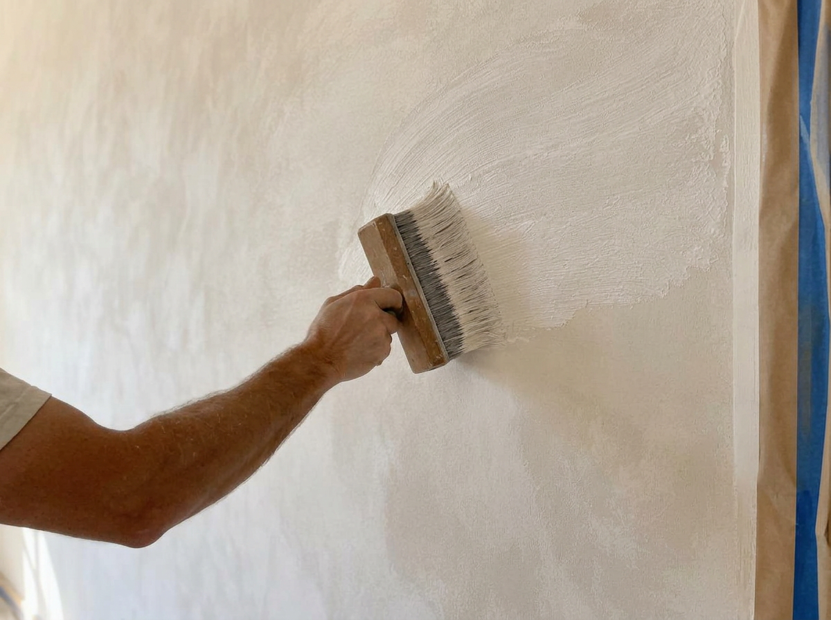 Painter hand-applying interior limewash to a prepped wall with a masonry brush