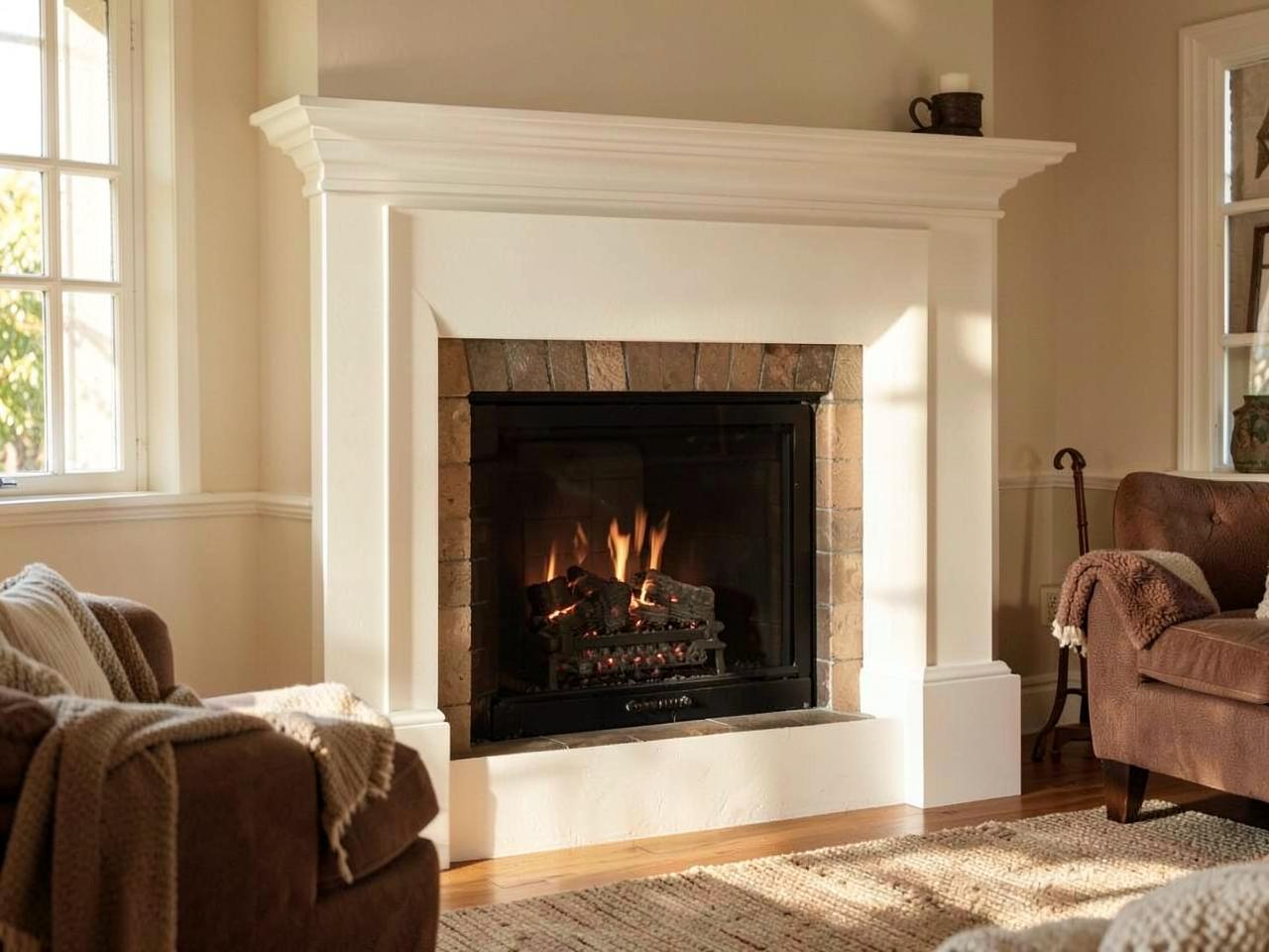 Interior fireplace surround finished in soft white limewash
