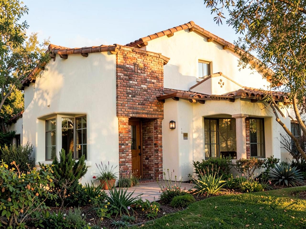 Spanish style stucco and brick home exterior with a soft white limewash finish