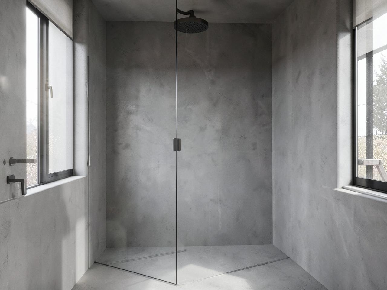 Seamless microcement shower walls and floor in a modern bathroom