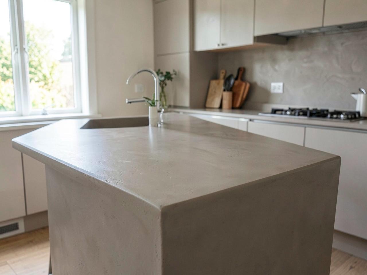 Microcement kitchen island and countertop with a smooth troweled finish