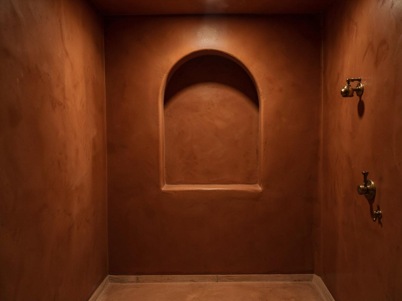 Moroccan clay plaster powder room with an arched niche in warm terracotta