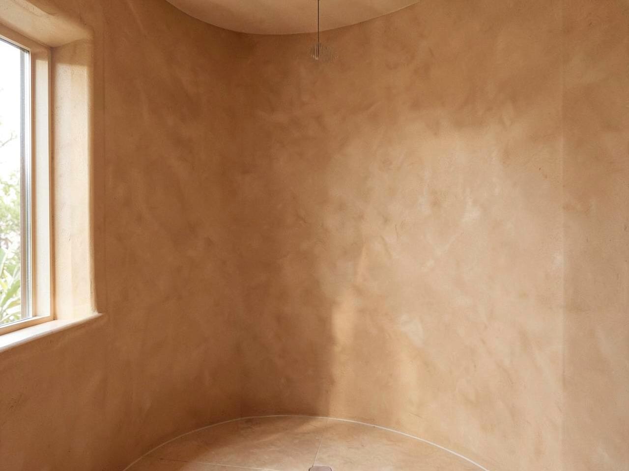 Curved shower wall finished in polished Moroccan tadelakt clay plaster