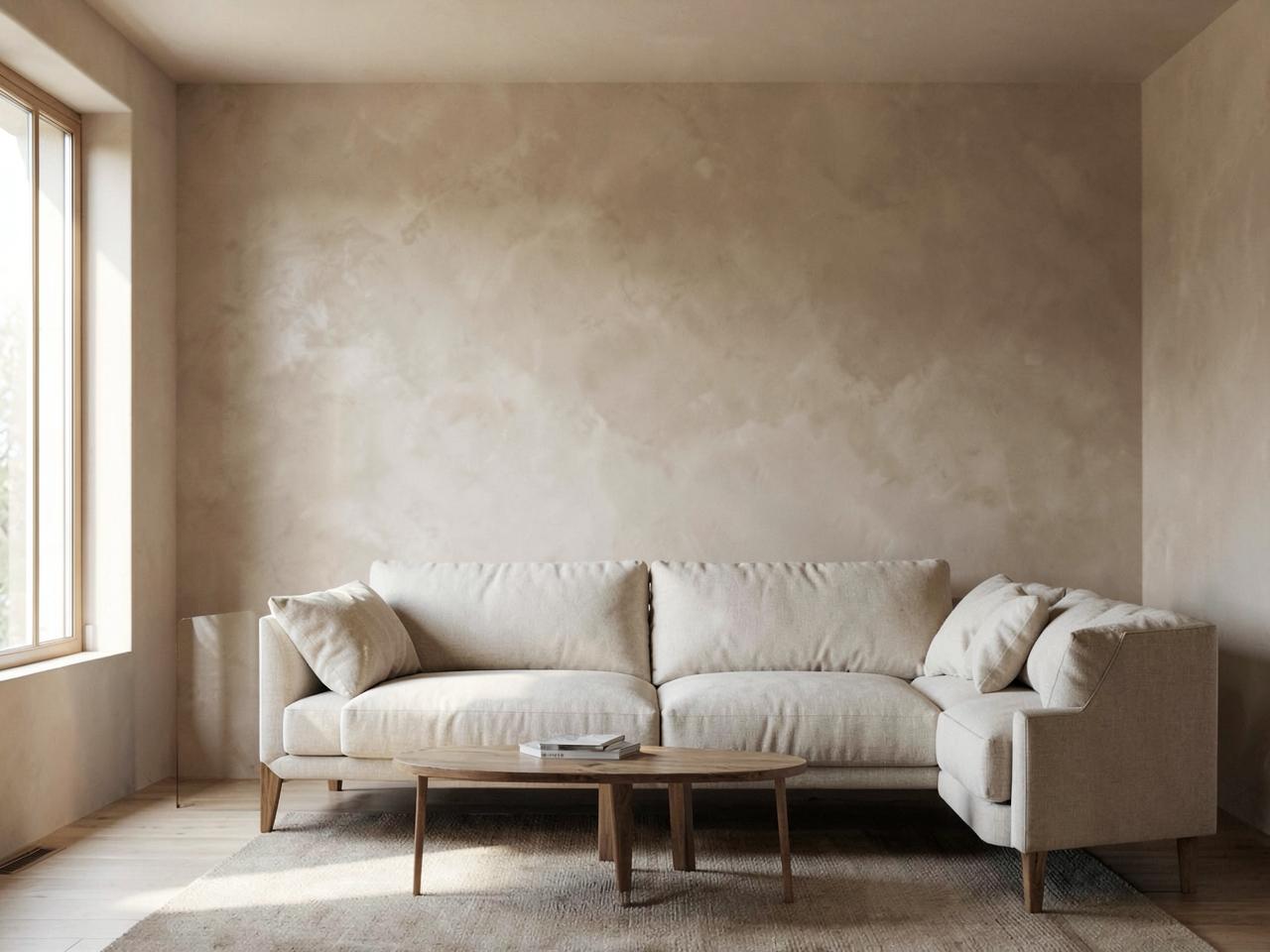 Roman clay plaster living room wall with soft matte movement