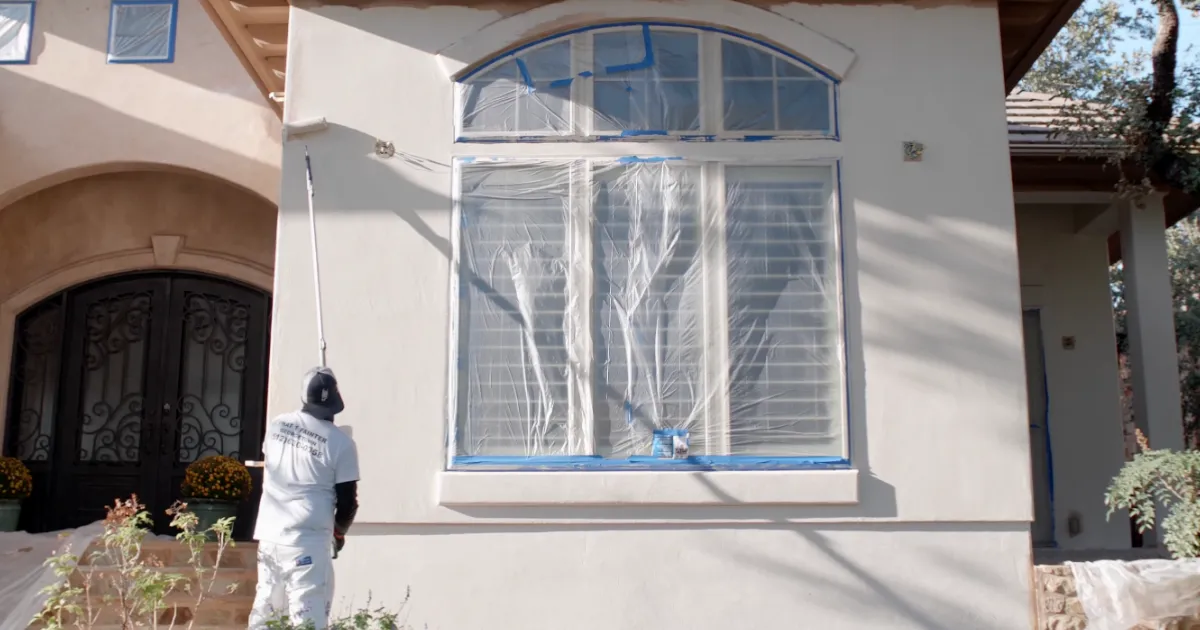 Refinished stucco facade after full elastomeric recoat