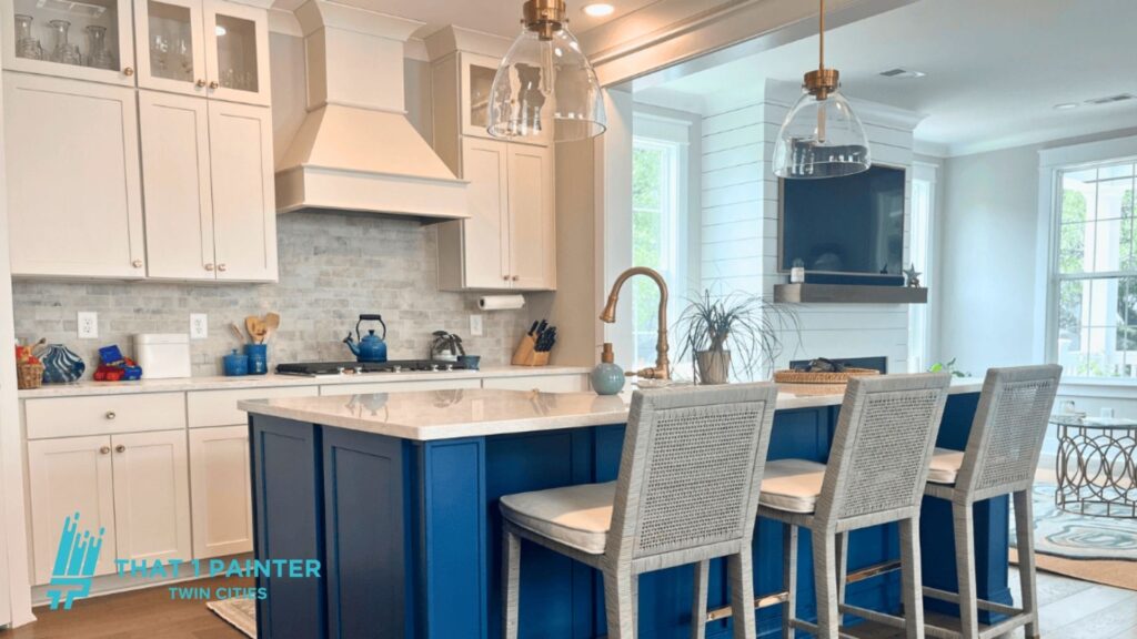 Modern kitchen interior painting with a blue island and white cabinets