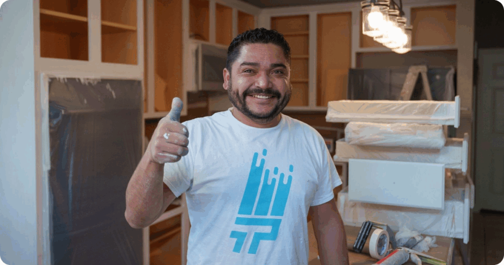 cabinet painting in austin-professional painter finishing up cabinets from that 1 painter