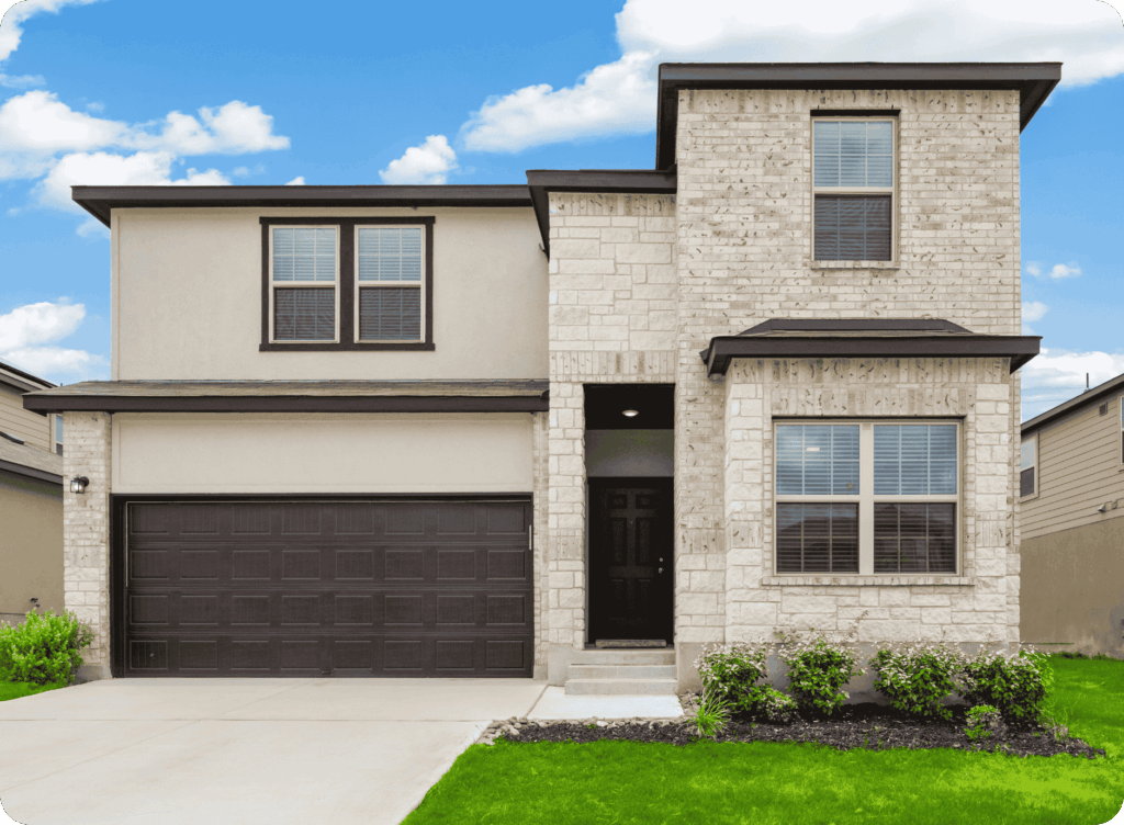 Modern two-story home with cream stucco and light stone brick facade, dark trim, and black garage door, enhanced by a subtle limewash effect for a refined look for that 1 painter