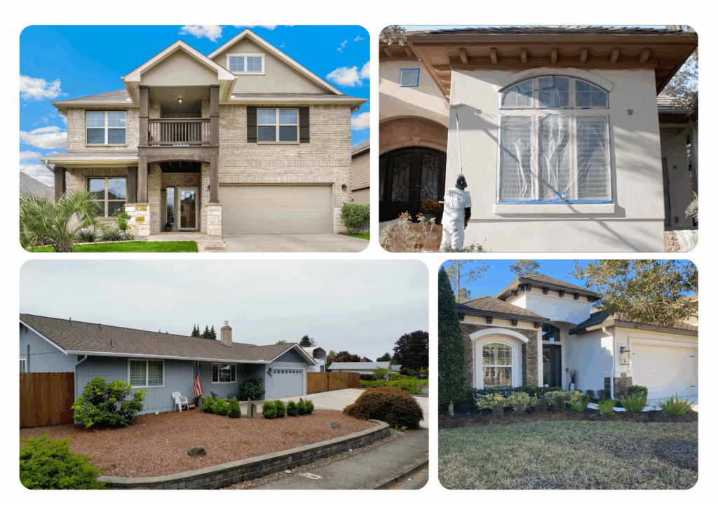 Collage of four houses professionally painted by local painters in Dripping Springs