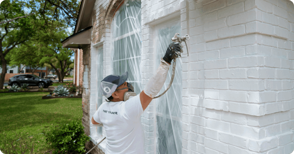 That 1 Painter Austin painter in Dripping Springs spraying the brick of a house