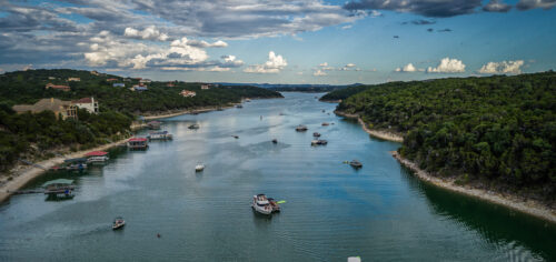 Overhead view of Lake Travis in Lakeway, TX