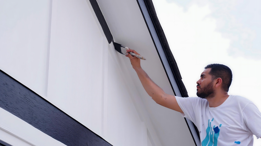 that1painter doing summer painting of a white house on a hot summer day