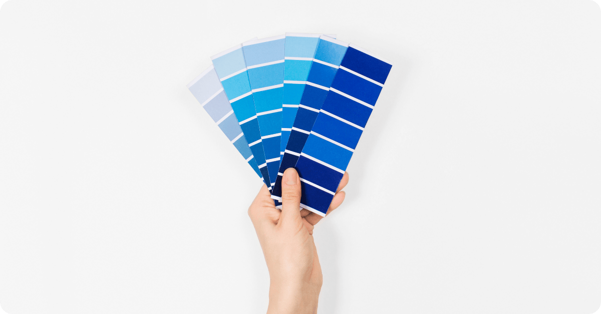 paint sheens with different colors of blue swatches with that 1 painter Cherry Hill