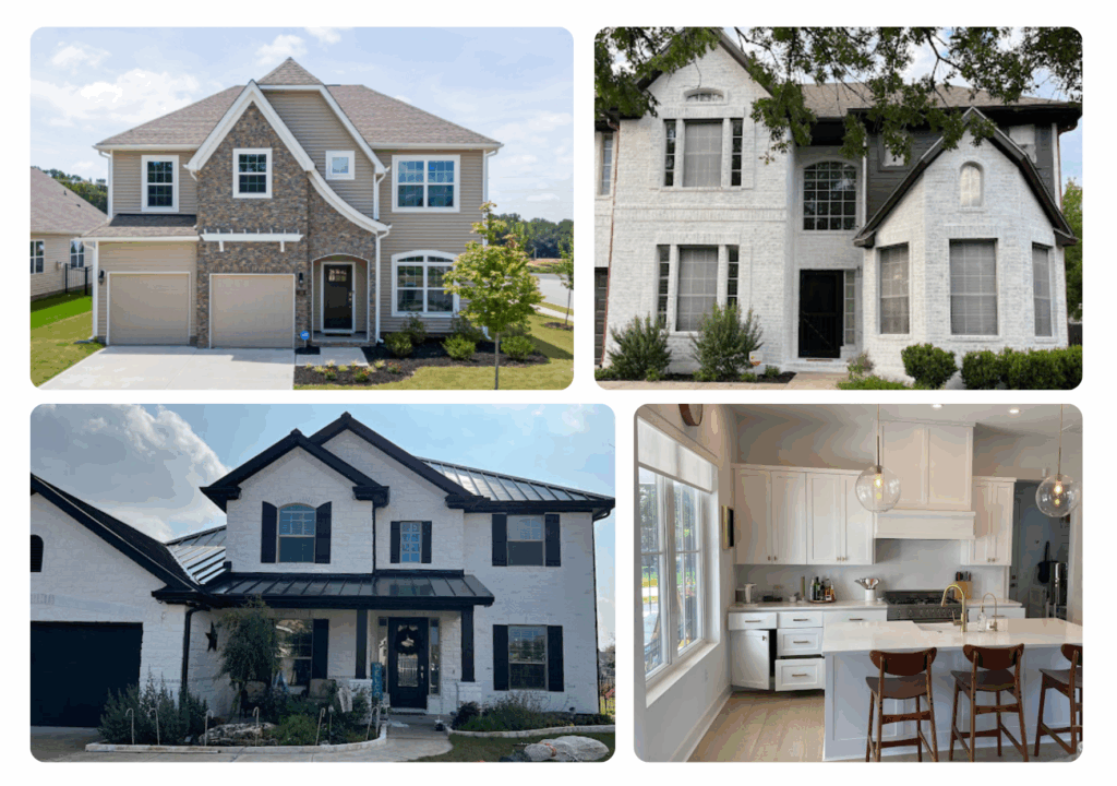 A collection of homes and interiors showcasing the work of painters in frisco, featuring fresh exterior finishes and modern interior painting