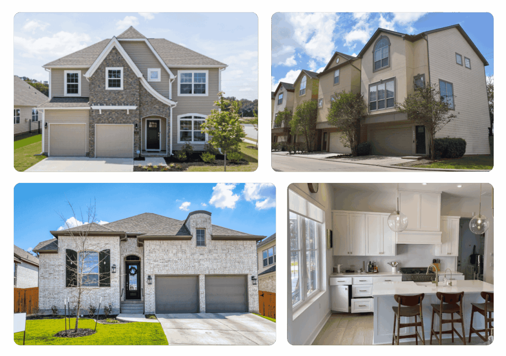 Collage of two house exteriors and two kitchen interiors painted by painters in Kingsland.