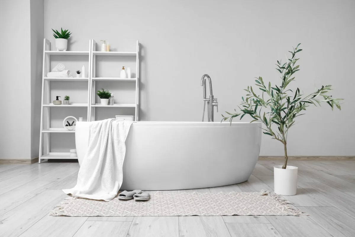 Light gray painted bathroom walls behind a white freestanding tub, ladder shelves and a potted olive tree