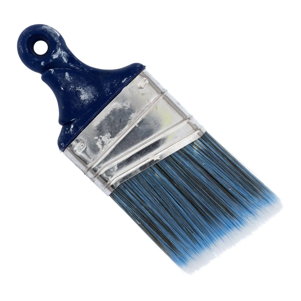 Angled sash paint brush with blue synthetic filaments and a stainless steel ferrule