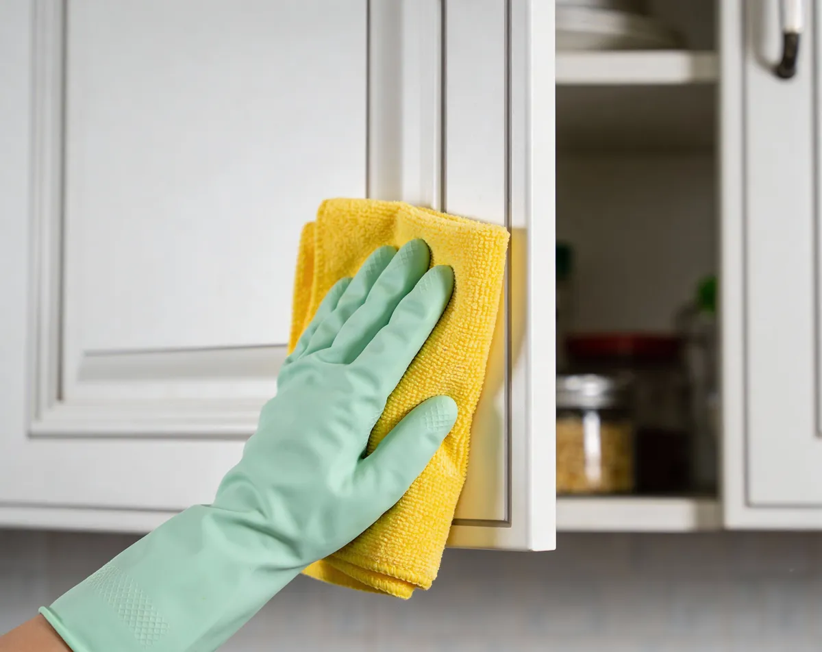 Gloved hand wiping a white kitchen cabinet door with a yellow cloth