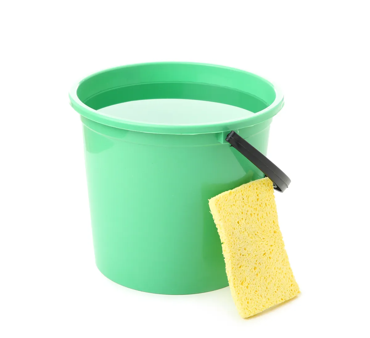 Green bucket of water with a yellow cleaning sponge resting on the rim