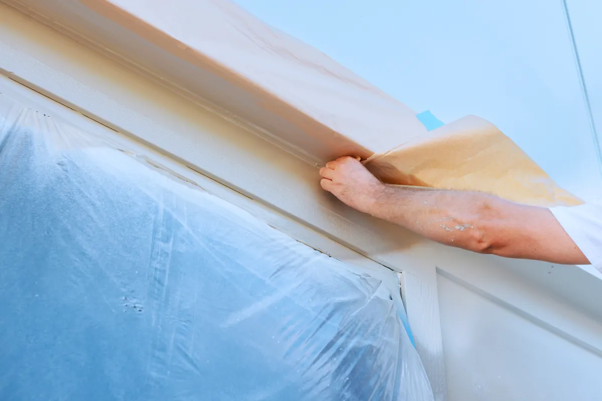 Hand smoothing masking paper and plastic sheeting along trim before painting
