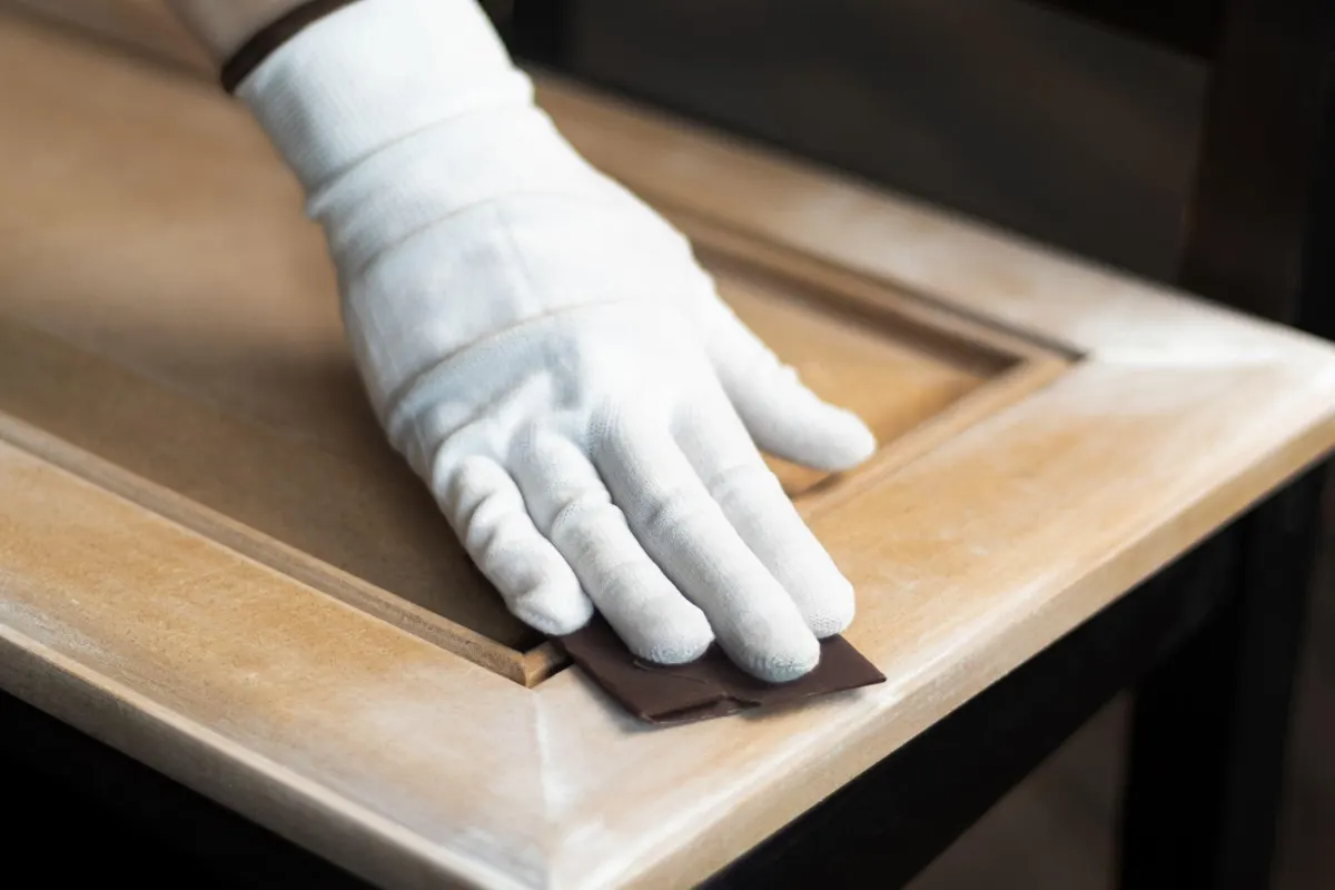 Gloved hand scuff-sanding a raised-panel wood cabinet door with a sheet of sandpaper