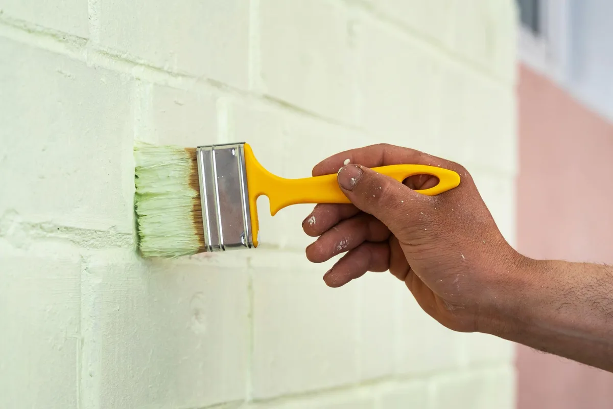 Hand with a yellow-handled brush painting a white brick wall pale mint green