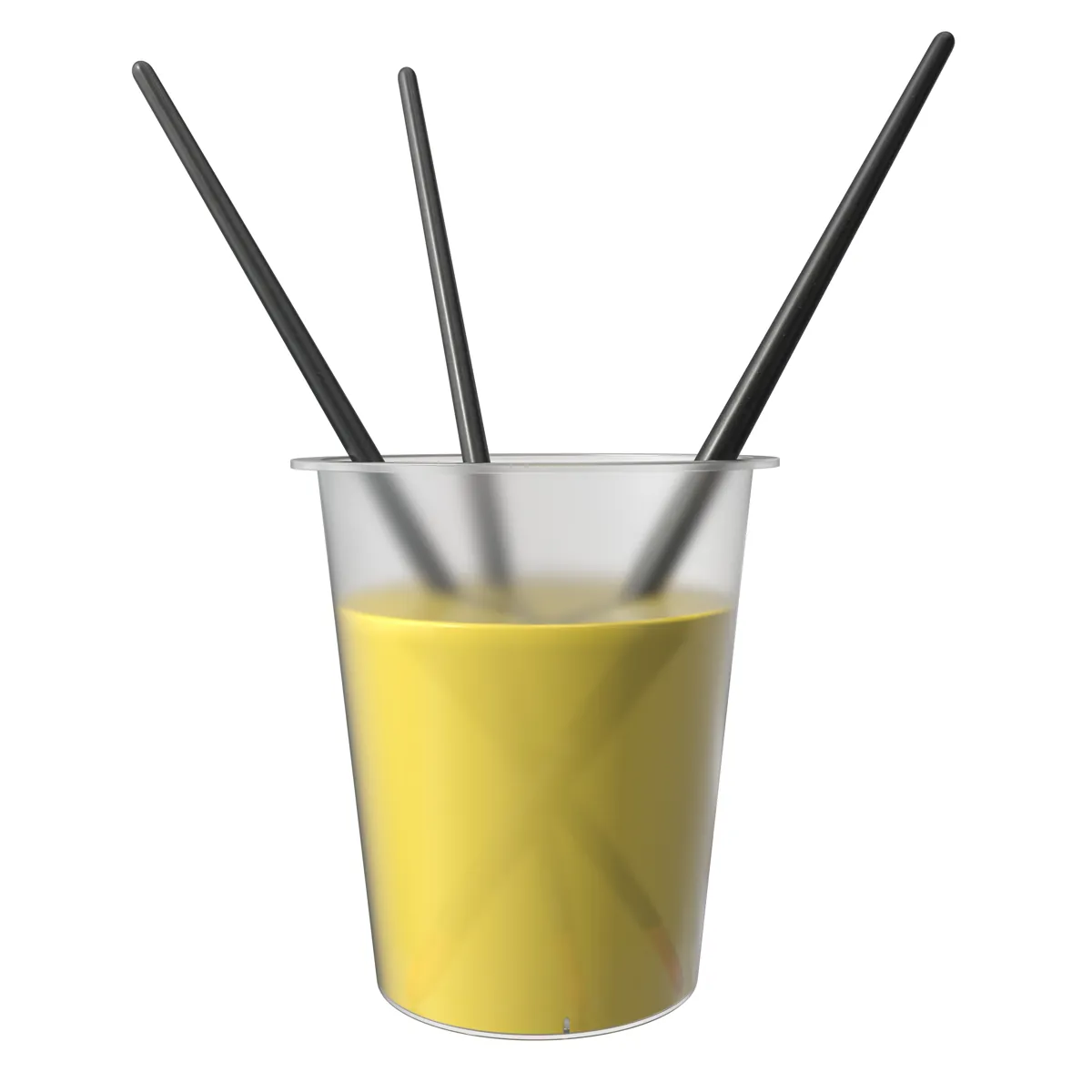 Three paint brushes standing in a clear cup of rinse liquid