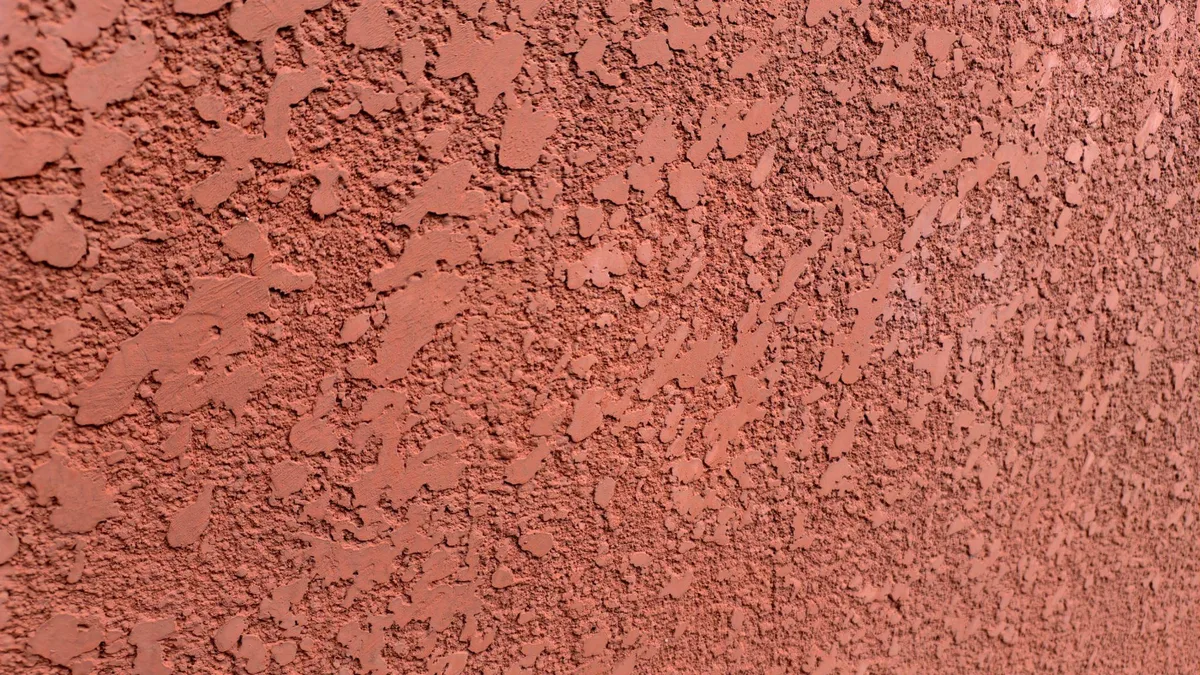 Close-up of a terracotta-red painted stucco wall with a heavy knockdown texture
