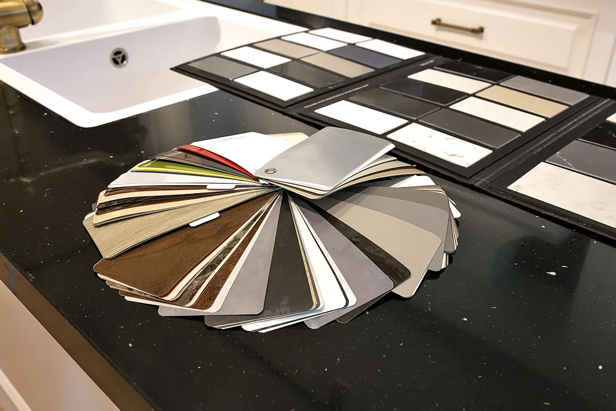 Fan deck of color swatches beside stone tile samples on a black kitchen countertop