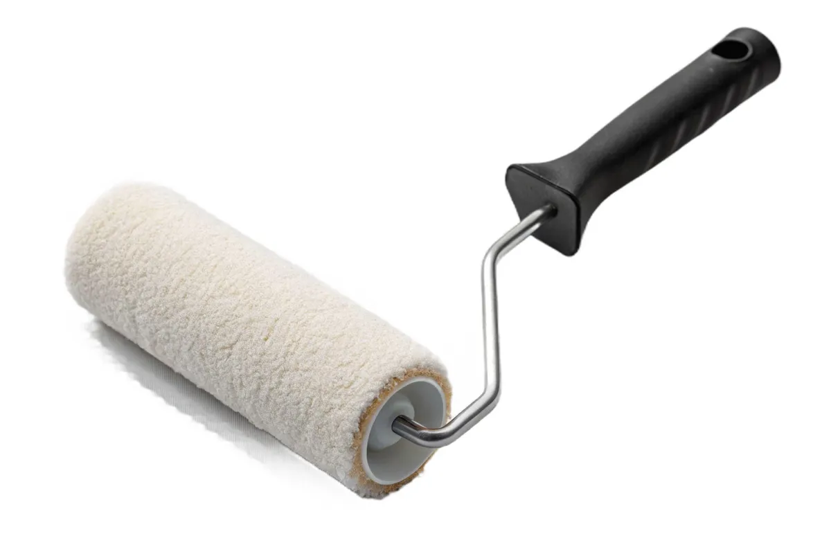 Paint roller with a thick white woven nap cover and black handle