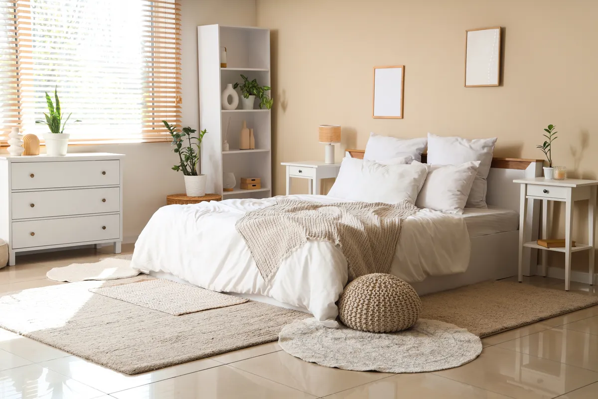 Bedroom with warm beige walls, white bedding, white nightstands and a knit pouf