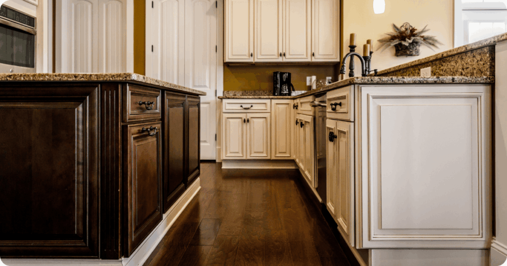 paint your cabinets with that 1 paitner-dark-chocolate-cabinet-counter-with-white-surrounding-cabinets.