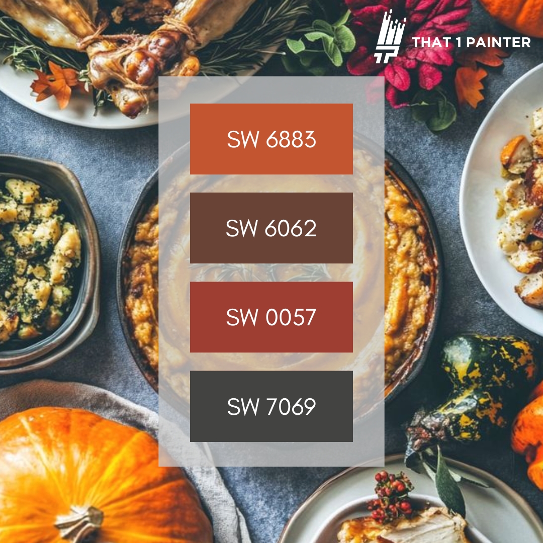 the four most popular colors for interior painting in 2025, SW 6883 orange, SW 6062 brown, SW 0057 maroon, and SW 7069 charcoal