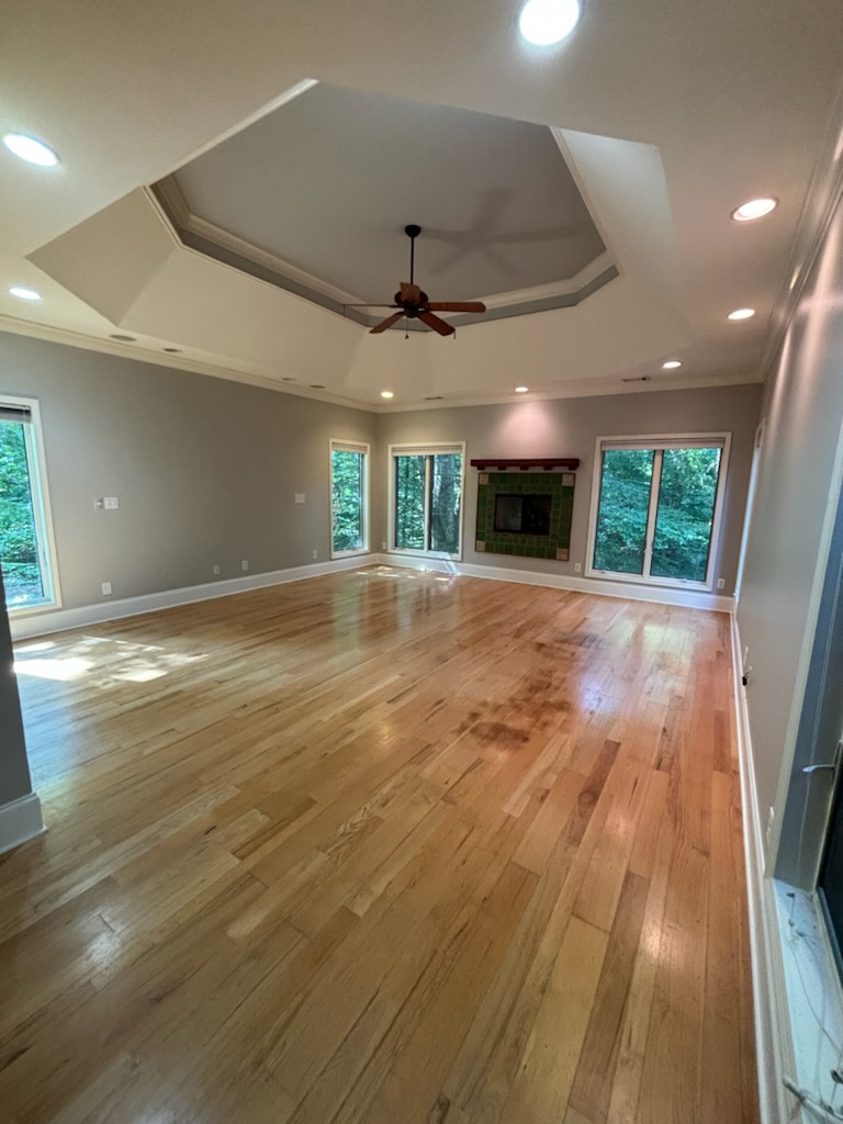 Modern living room freshly painted with a light beige interior paint color