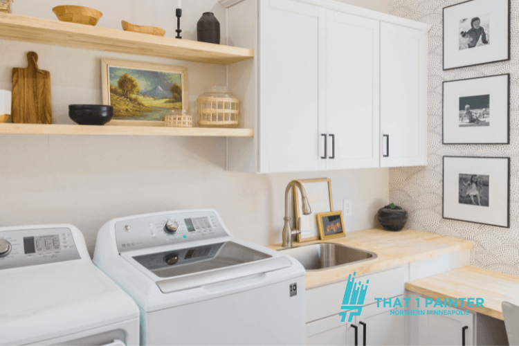A stylish laundry room featuring white cabinets with a satin finish, light wooden countertops, and open shelving for decor. This image showcases the professional cabinet painting services by That 1 Painter, recognized as the best professional painters in North Minneapolis Minnesota, for creating durable and visually appealing interior spaces.
