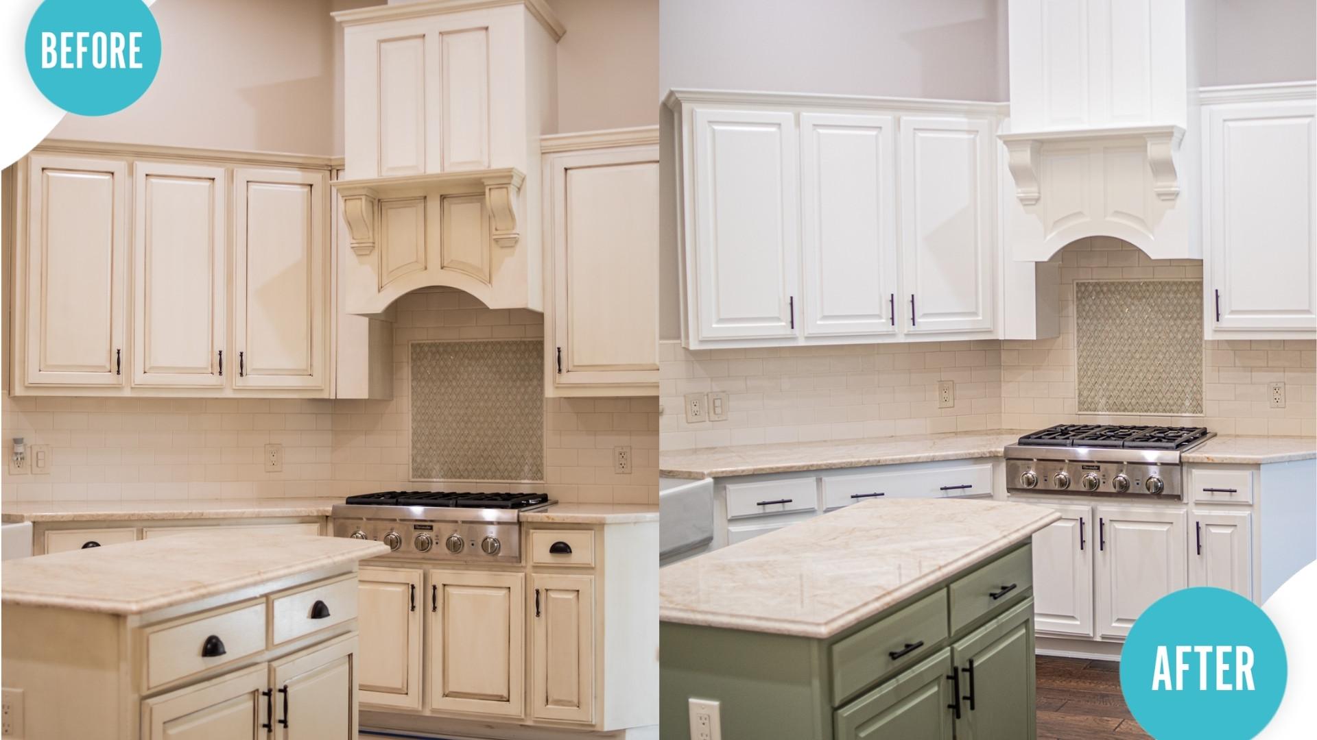 Before and after of a kitchen cabinet painting transformation of white cabinets painted sage green.