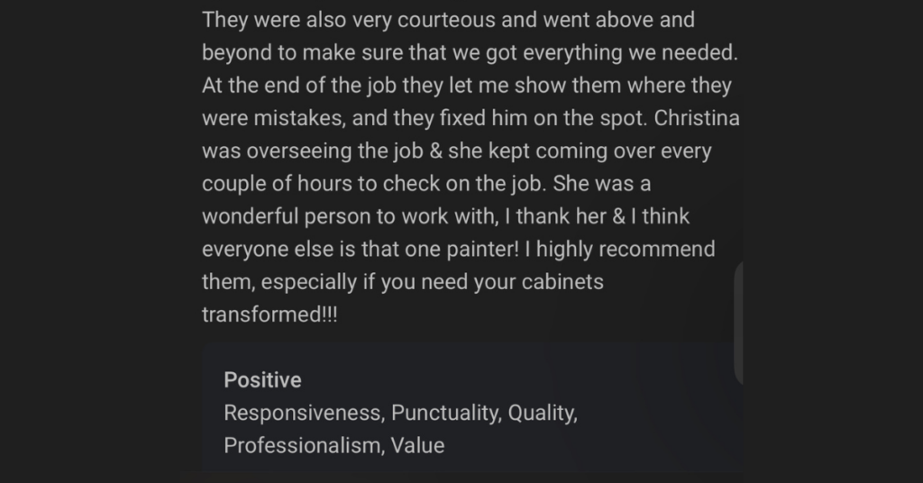 Screenshot of a Google Business Profile review for That 1 Painter San Antonio complementing the business on punctuality, value, professionalism, and more.