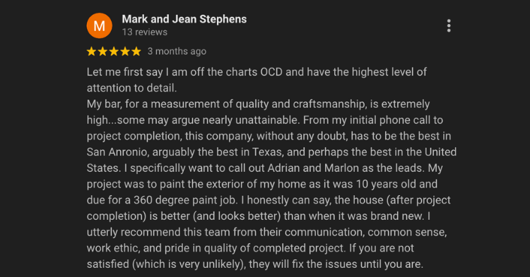 Screenshot of a Google review left behind by a satisfied customer named Mark and Jean_That 1 Painter San Antonio_Professional Painters