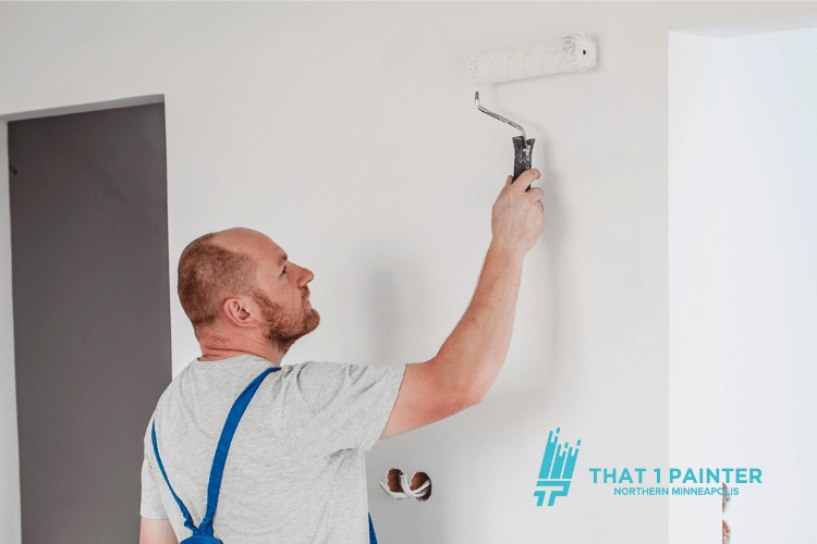 A professional painter from That 1 Painter Northern Minneapolis applying white paint with a roller, showcasing trusted painting experts known for quality craftsmanship and stress-free painting services. This image highlights expert painters in Minneapolis delivering mess-free painting solutions.