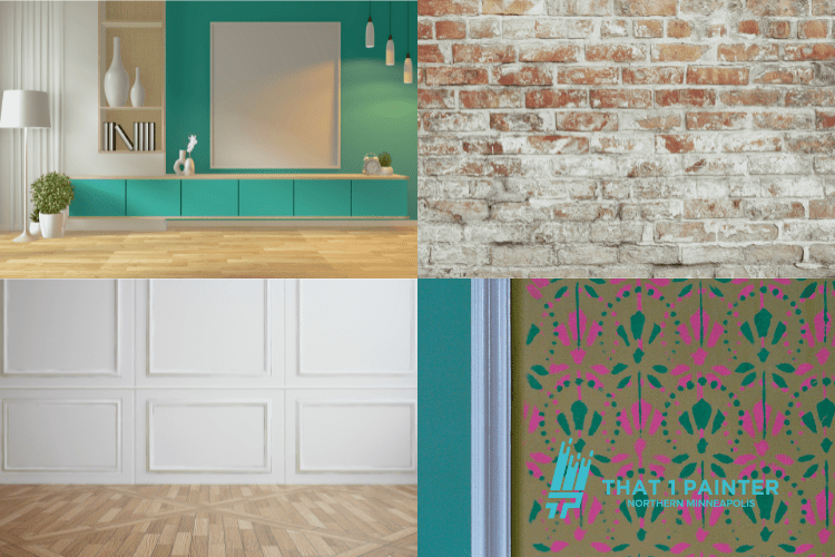 A collage showcasing top statement wall ideas by That 1 Painter Northern Minneapolis, featuring bold color accents, exposed brick finishes, elegant white paneling, and intricate stencil designs. These creative and stylish wall transformations highlight the trusted painting experts' commitment to quality craftsmanship and stress-free painting services in Minneapolis.