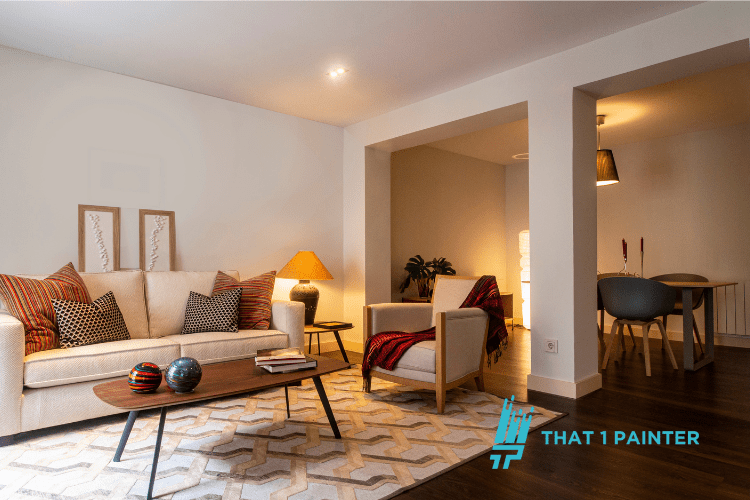 A stylish, well-lit living room demonstrating how natural and artificial lighting affect paint and flooring colors. Warm lighting enhances the cozy ambiance, while natural daylight showcases the true color of the walls and flooring. This represents the expertise of trusted painting experts in Twin Cities, helping homeowners select the best shades for any lighting condition with stress-free painting services.