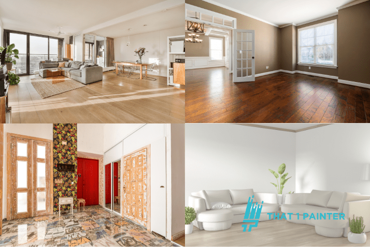 A collage of four beautifully designed home interiors, each showcasing a different flooring and paint color combination. The featured styles include light hardwood with soft neutrals, dark wood flooring with warm wall tones, bold patterned tile with vibrant decor, and a minimalist white living space. This image highlights expert painters in Minneapolis, specializing in quality craftsmanship and mess-free painting to enhance home aesthetics.
