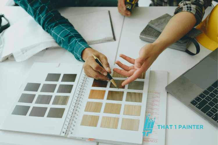 A professional consultation where two individuals discuss flooring and paint color selections using a sample book. One points to a wood stain option while design plans and tools are visible. This image represents That 1 Painter’s commitment to mess-free painting and expert guidance in Twin Cities, ensuring homeowners achieve the perfect paint and flooring combination for their interiors.