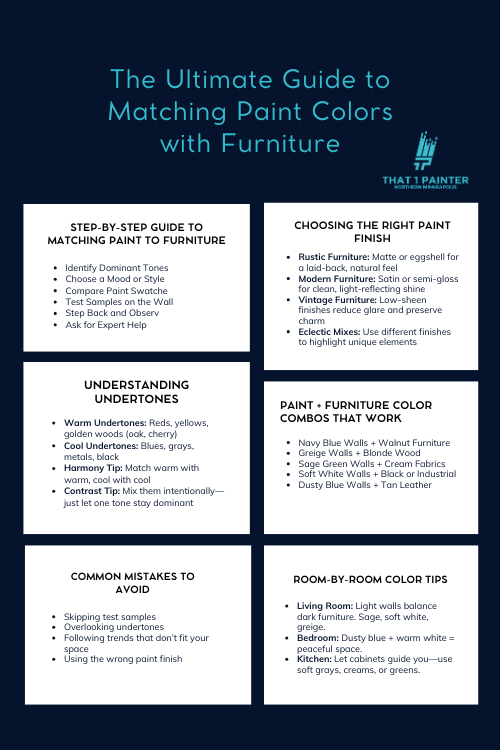 Infographic titled “The Ultimate Guide to Matching Paint Colors with Furniture,” showing tips on selecting paint finishes, understanding undertones, and room-by-room color combinations. Ideal for homeowners working with North Minneapolis interior painters or seeking expert painting services from That 1 Painter. The graphic also includes common mistakes to avoid and helpful color harmony tips from the best professional painters in North Minneapolis, Minnesota.